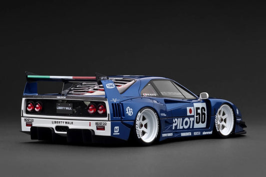 Blue Ferrari F40 with a Liberty Walk Wide Body Kit race car with visible branding on a dark background