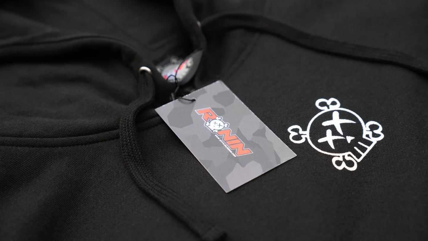 Black hoodie with a brand tag and logo on a dark background