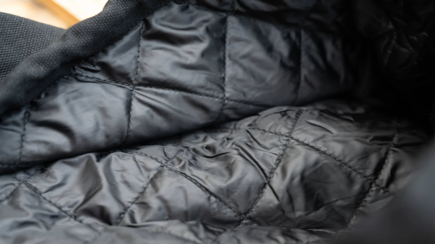 Close-up of a black quilted jacket fabric