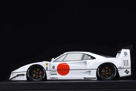 White Ferrari F40 with a Liberty Walk Wide Body Kit sports car with red circle design on a black background