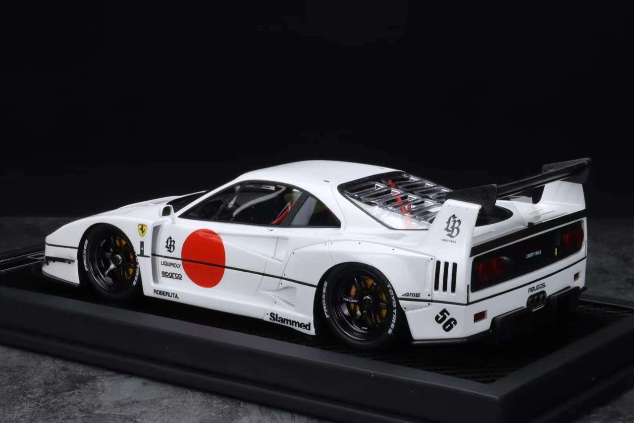 Model car with a white body and red accents on a black background