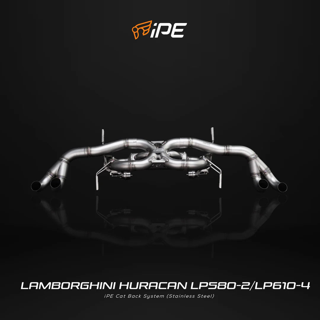 iPE Lamborghini Huracan LP580-2/LP610-4 exhaust system on a black background