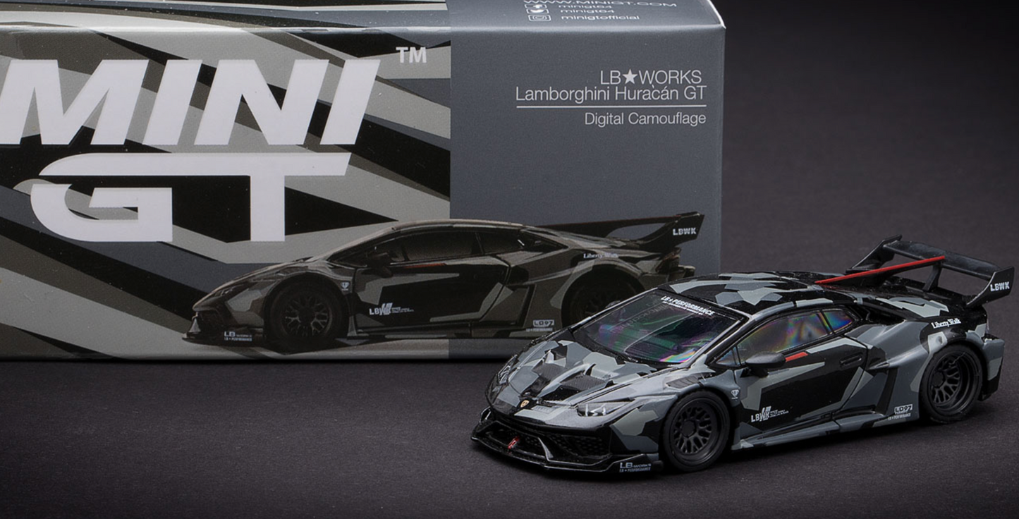 Model car of Lamborghini Huracan GT with LeWorx branding in front of a Mini GT box.
