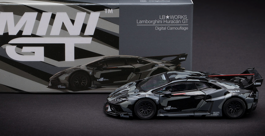 Model car with digital camouflage design in front of its packaging, featuring the Mini GT branding.