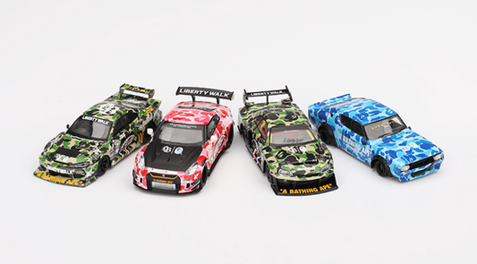 Four camouflage-patterned toy cars on a white background