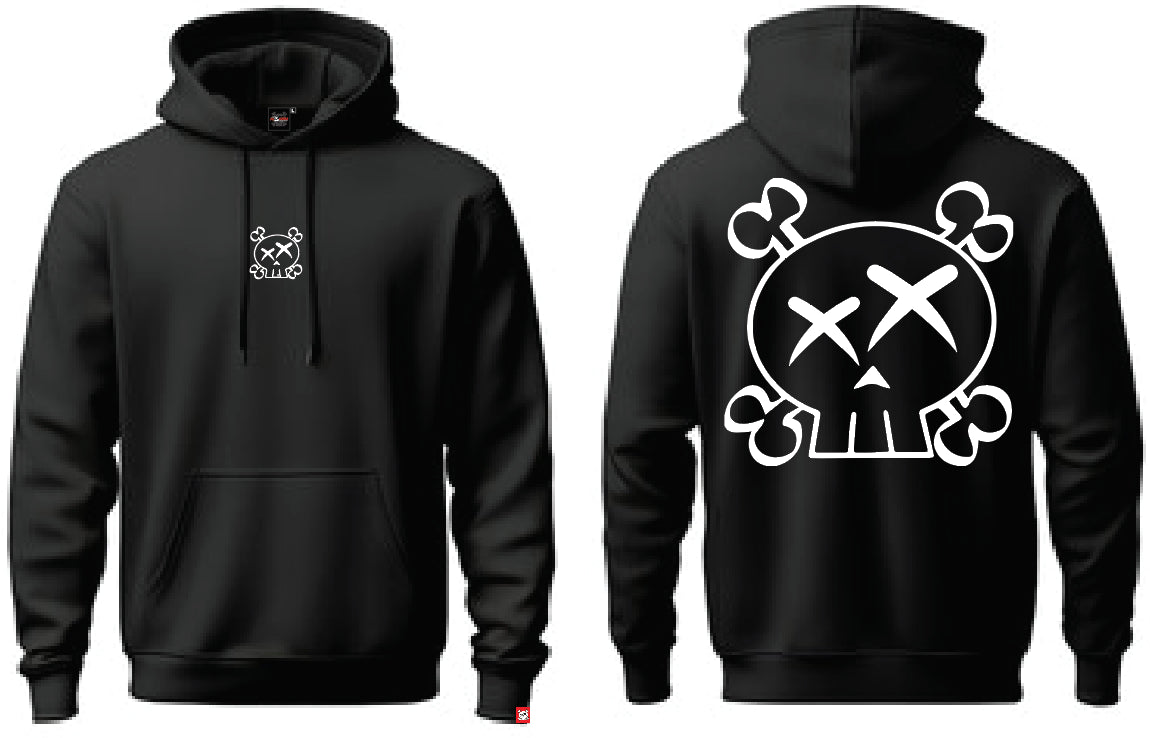 Black hoodie with white skull and crossbones design on the front and back against a white background