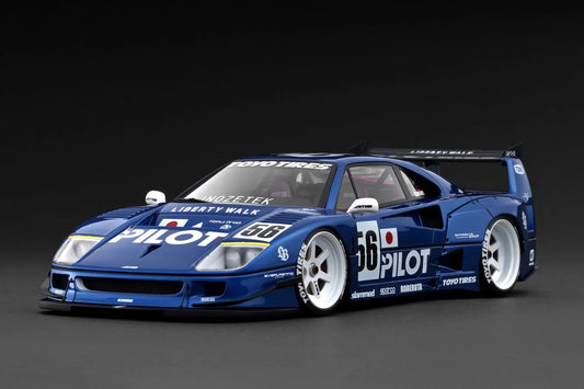 Blue race car with 'Pilot' branding on a dark background