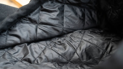 Close-up of a black quilted jacket fabric