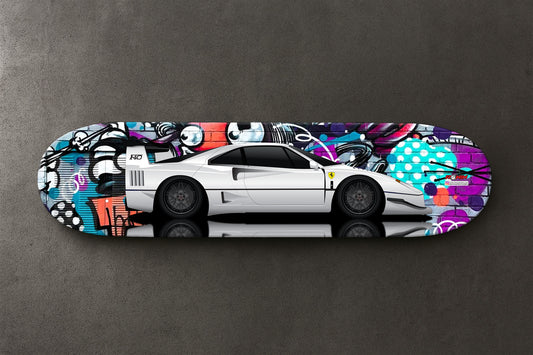 Skateboard with a colorful design of a white Ferrari F40 sports car on a gray background