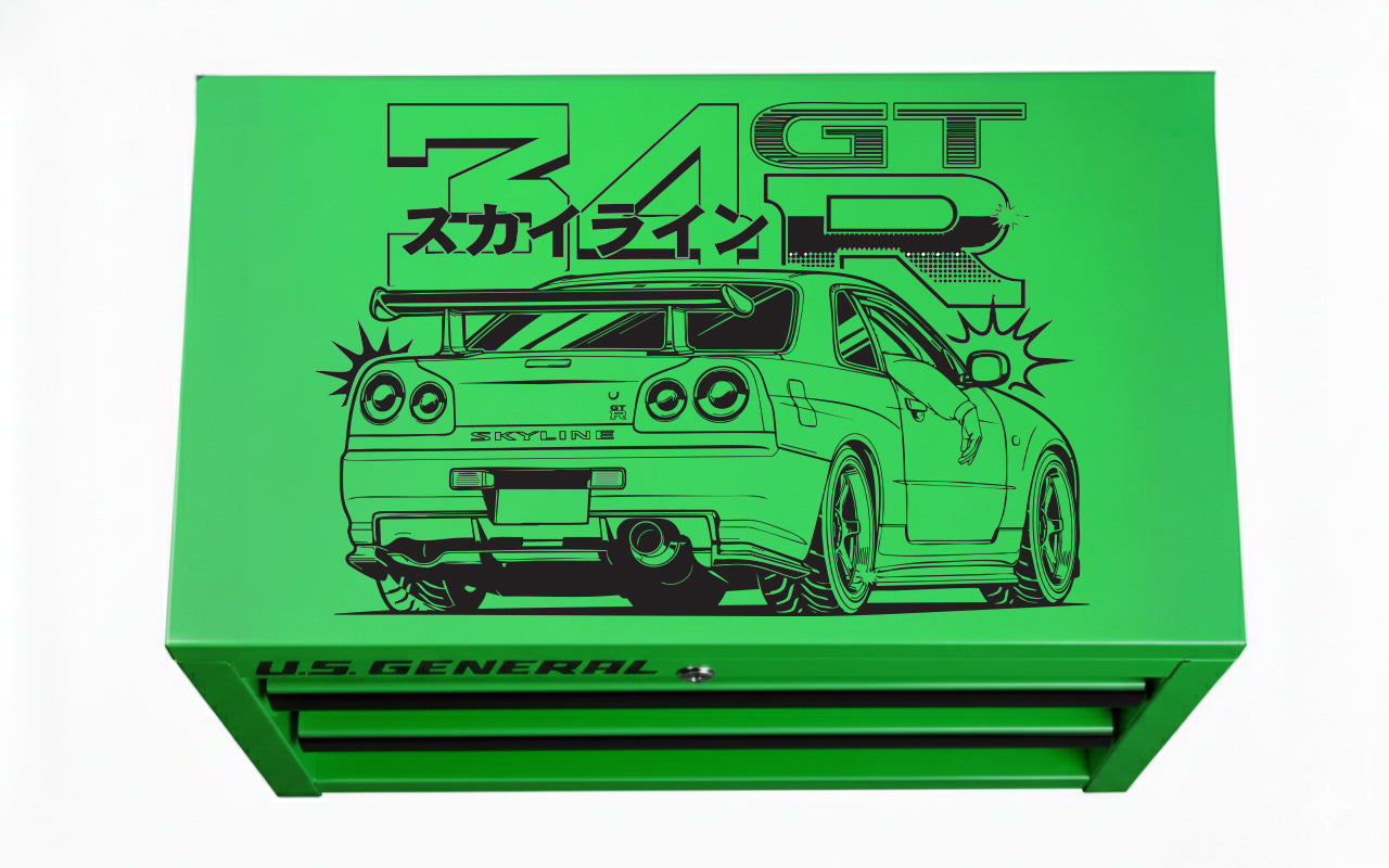 Green box with a car illustration and 'GTR' R34 text on a white background