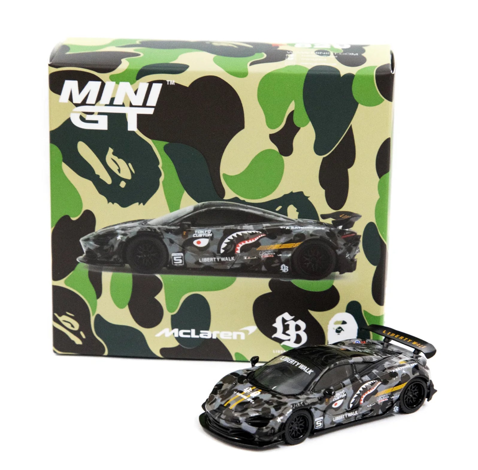 Camouflage-patterned packaging with a McLaren model car in front