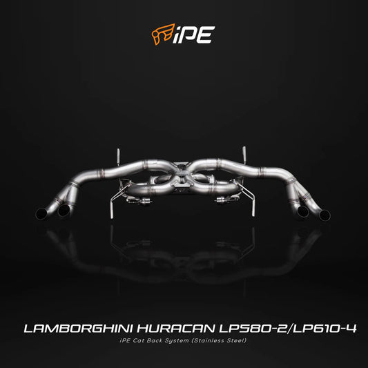 iPE Lamborghini Huracan LP580-2/LP610-4 exhaust system on a black background