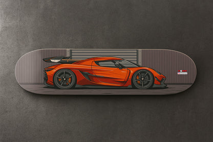 Orange Koenigsegg Jesko sports car on a skateboard deck against a gray background