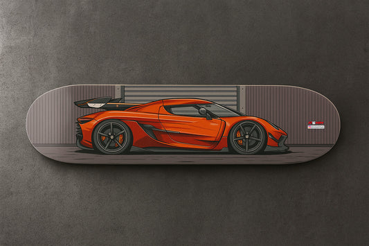Orange Koenigsegg Jesko sports car on a skateboard deck against a gray background