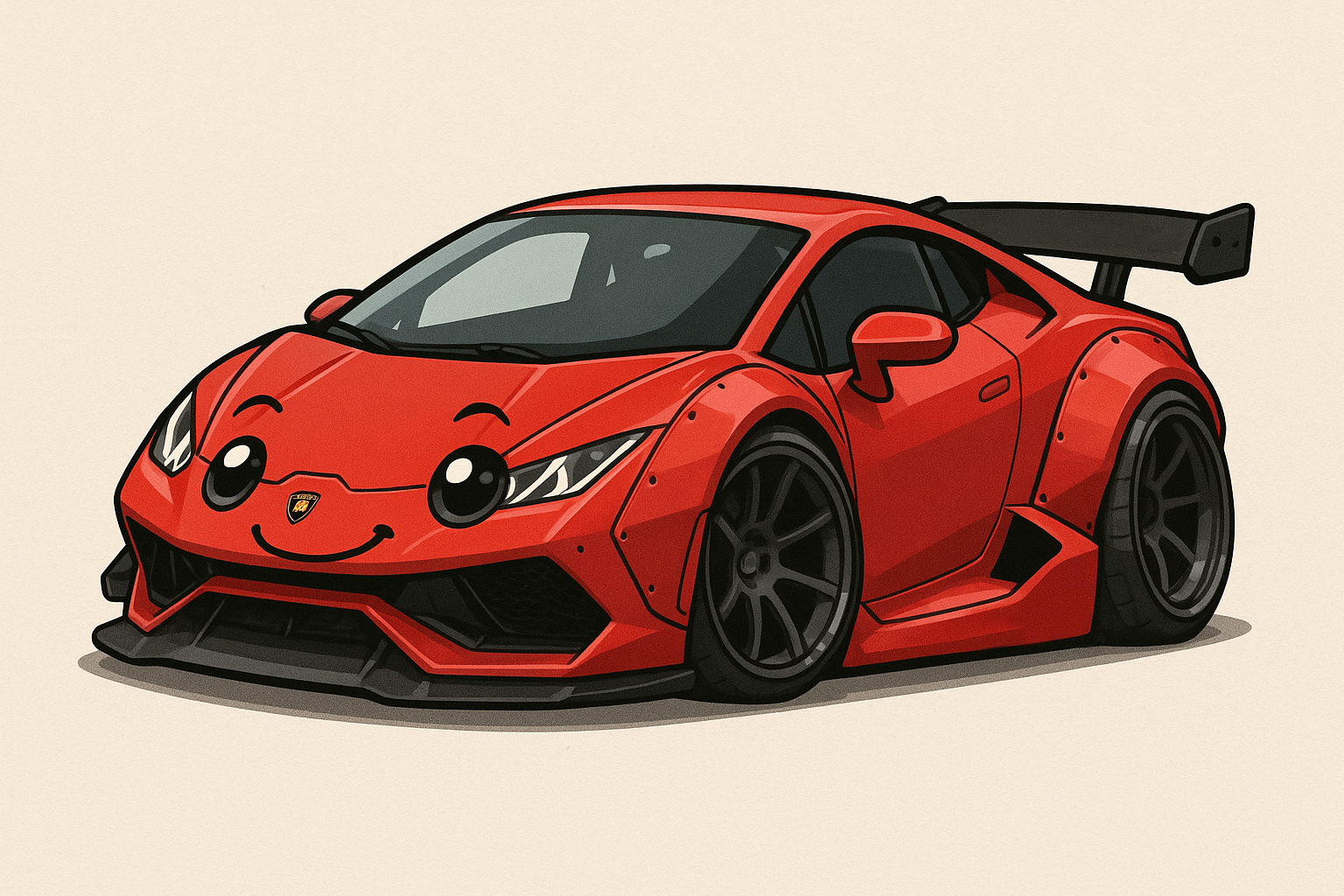Red sports car with a smiling face on a beige background