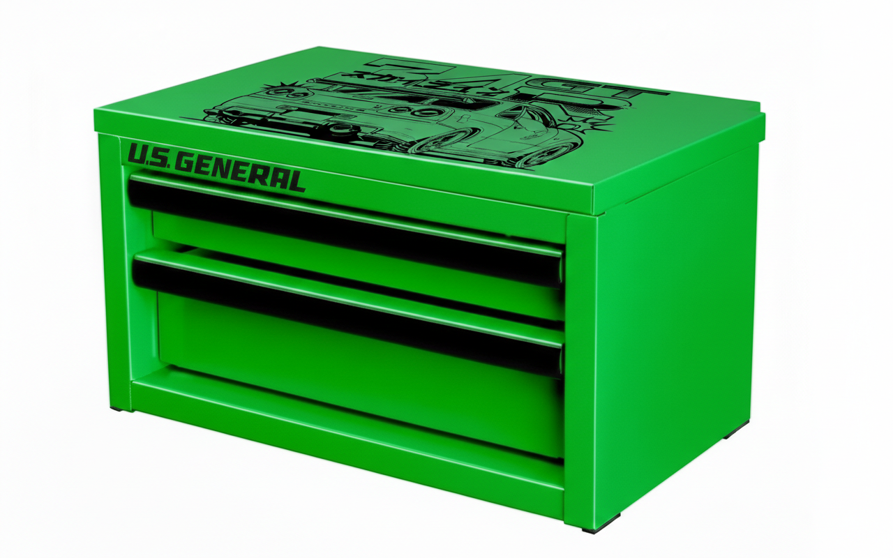 Green toolbox with 'R34 GTR' engraved branding on a white background