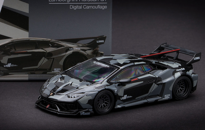 Lamborghini Huracan GT3 model car with digital camouflage design on a dark background