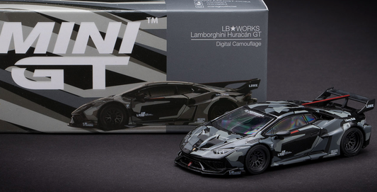 Model car of Lamborghini Huracan GT with LeWorx branding in front of a Mini GT box.