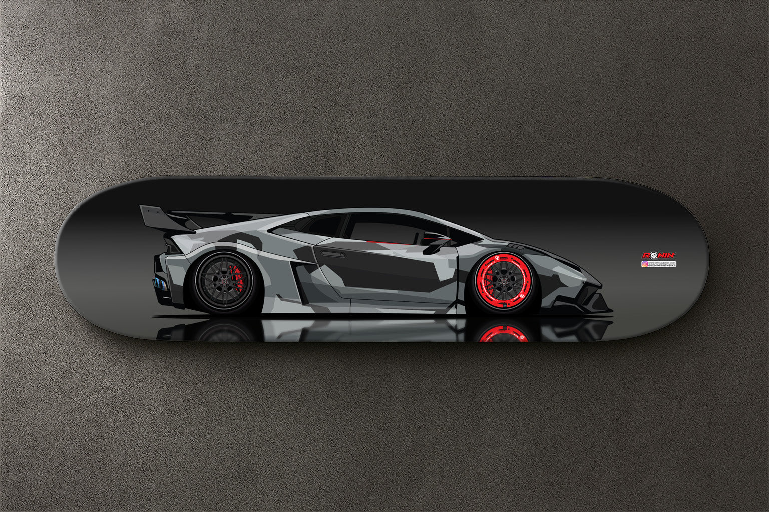 Skateboard deck with a Liberty Walk Lamborghini Huracan design on a gray background