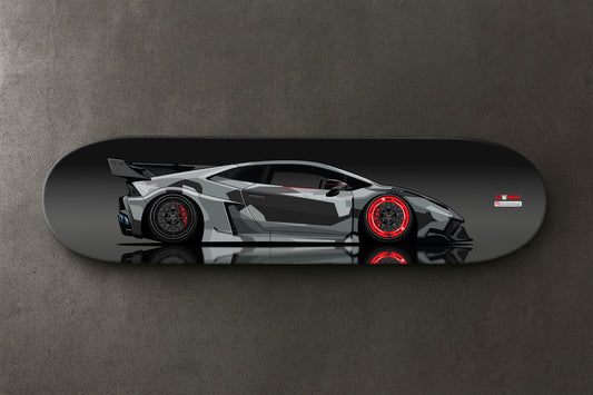 Skateboard deck with a Liberty Walk Lamborghini Huracan design on a gray background