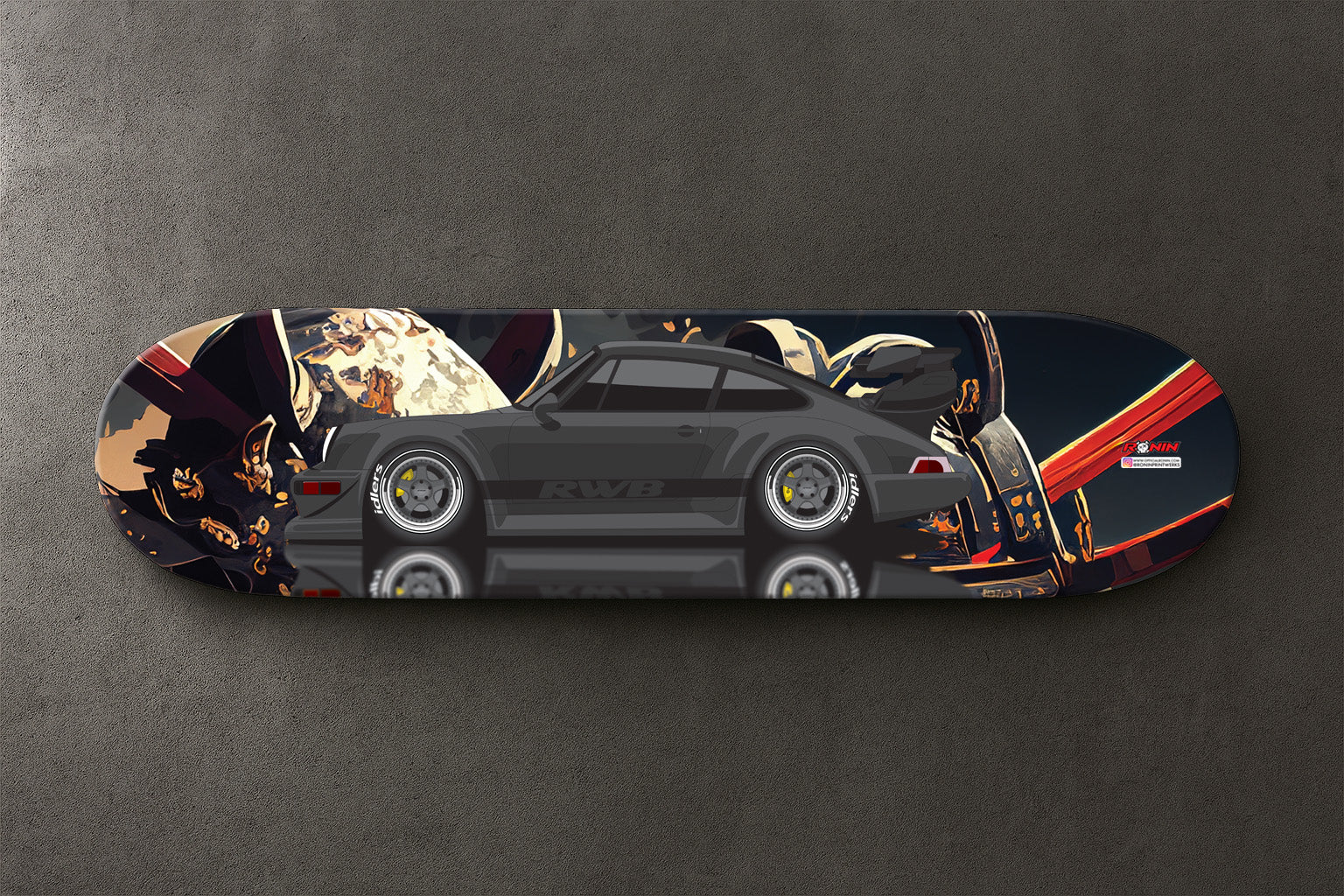 Skateboard deck with a RWB Porsche car design on a gray background