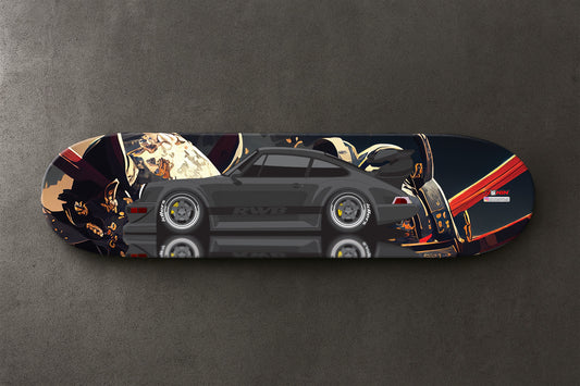 Skateboard deck with a RWB Porsche car design on a gray background