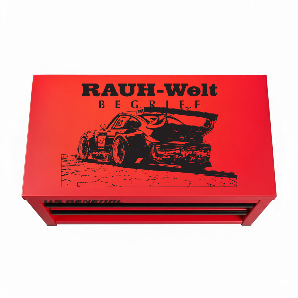 Red Mini Toolbox with engraved RWB Porsche illustration and 'RAUH-Welt BEGRIFF' text on a white background