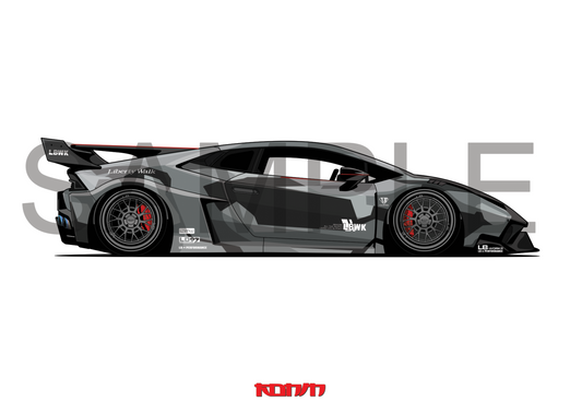 Side view of a black sports car with 'Rovin' branding on a white background