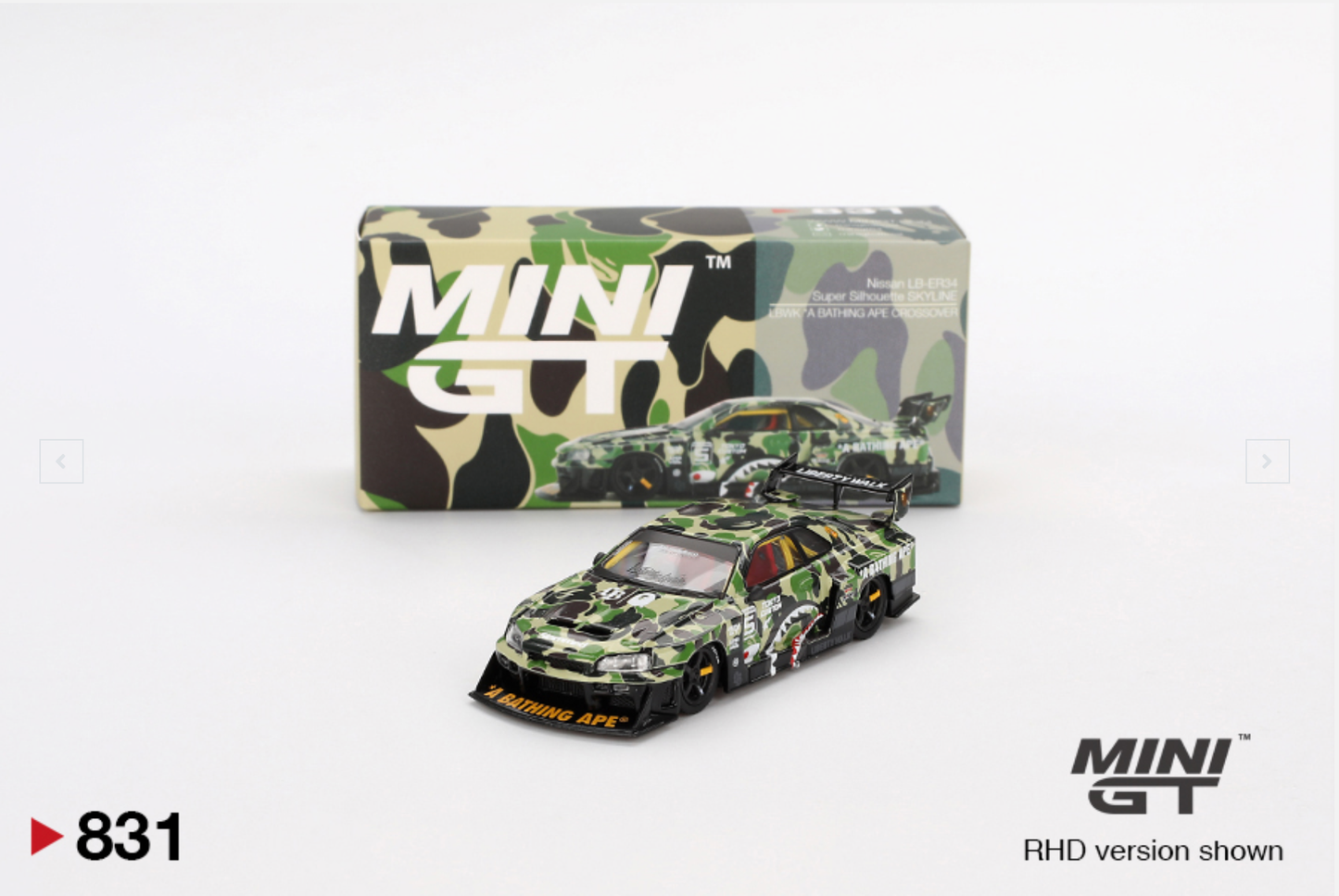 Camouflage model car with packaging and MINI GT branding on a white background