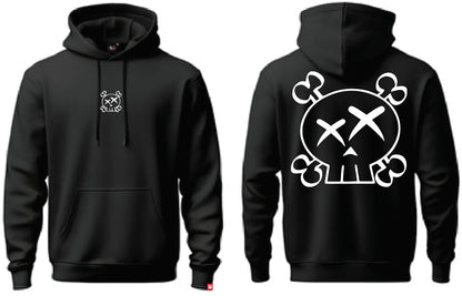 Black hoodie with white skull and crossbones design on the front and back against a white background