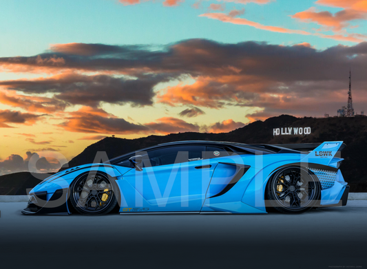 Blue sports car with 'HOLLYWOOD' branding against a sunset sky