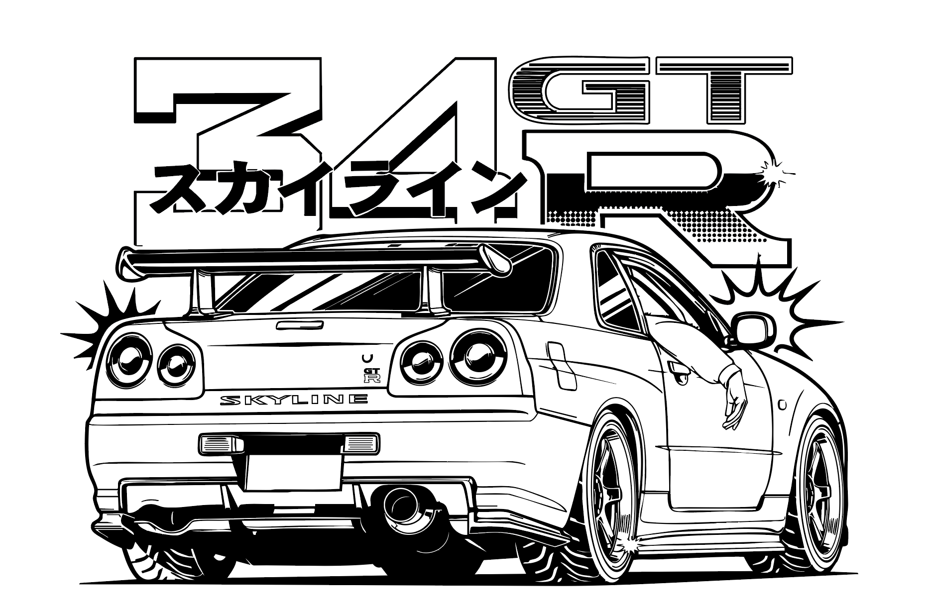 Black and white illustration of a car with 'R34 GTR Skyline' text on a white background