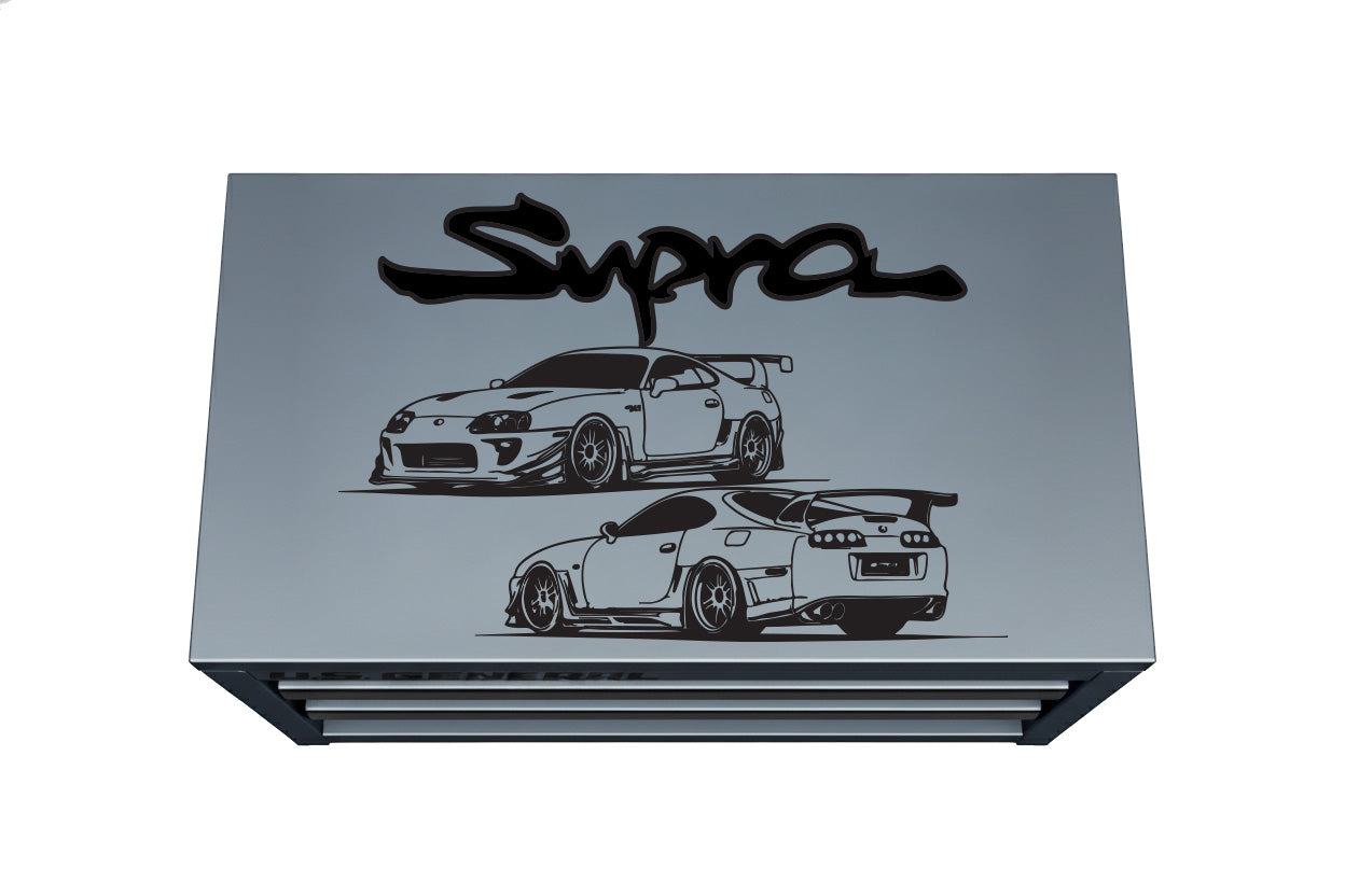 Grey Mini Tool Box with 'Supra' branding and car illustrations on a white background