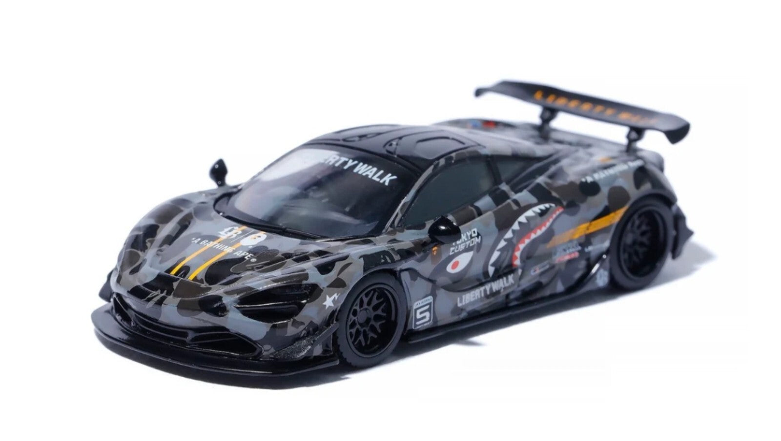 Model car with camouflage design on a white background