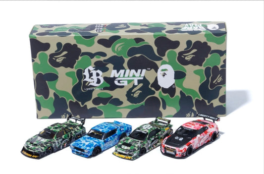 Camouflage-patterned box with 'Mini GT' branding, featuring four colorful model cars.