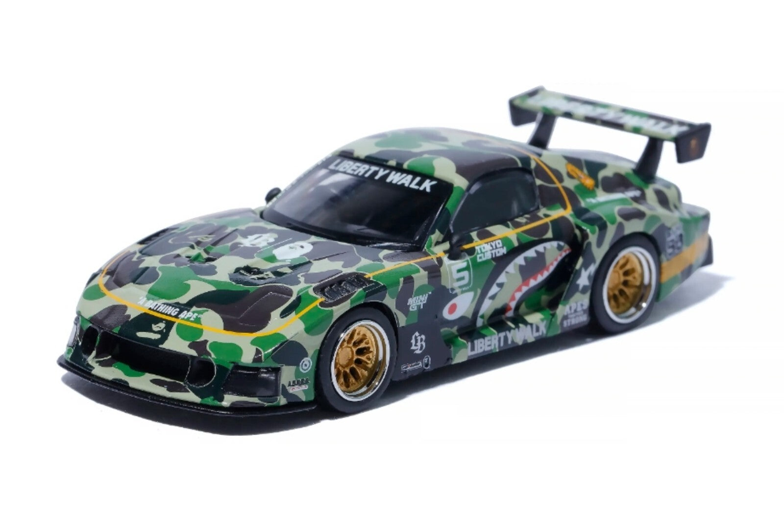 Camouflage-patterned model car with 'Liberty Walk' branding on a white background