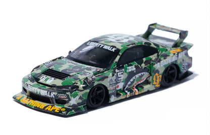 Camouflage model car with branding on a white background